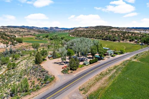 an aerial view of a road with a house at Mt Carmel Motel in Southern Utah in Mount Carmel