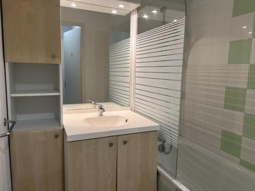 une salle de bain avec un lavabo et un miroir dans l'établissement Appartement T3 Familial à Ondres avec Piscine et Parking - FR-1-239-1103, à Ondres