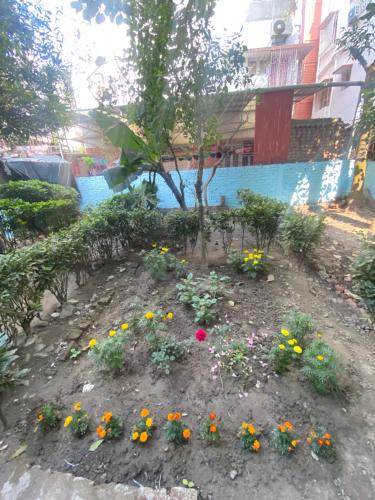 a garden with colorful flowers in the dirt at Hoglabon nest in kolkata