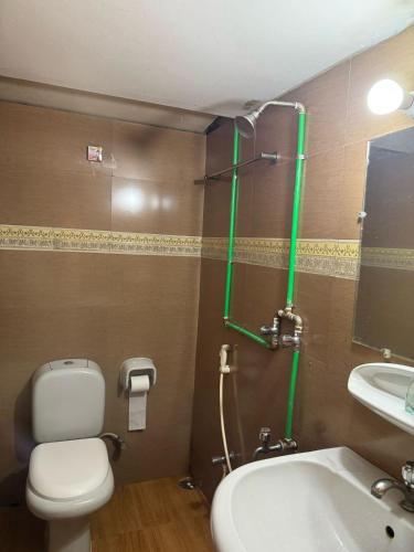 a bathroom with a toilet and a sink and a shower at Maya Eco Guest House in Dhaka