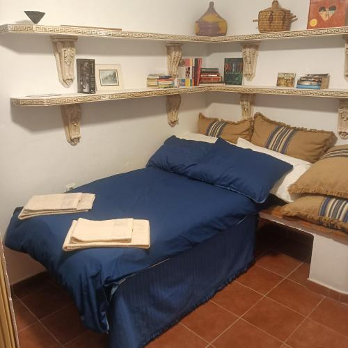 a bed with blue sheets and pillows in a room at Casa De Aventuras in Bácor