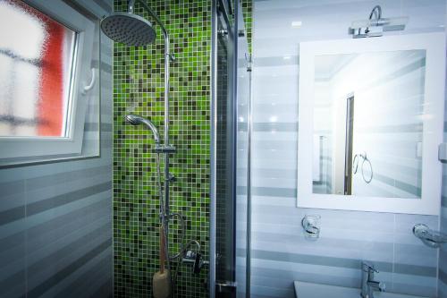 a bathroom with a shower and a toilet and green tiles at Apartment Red House in Visoko