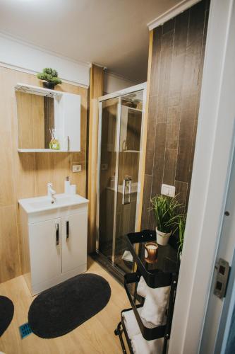 a bathroom with a sink and a glass shower at Storia in Piatra Neamţ