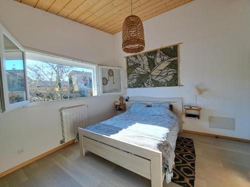 une chambre avec un lit et une grande fenêtre dans l'établissement Le Chant des Tongs - La Canopée, à Salazac