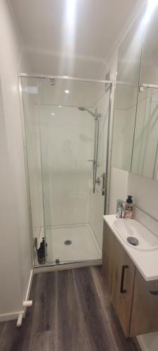 a bathroom with a shower and a sink at Rural Farmstay in Riwaka