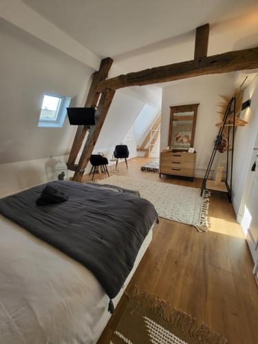 a bedroom with a large bed in a attic at Domaine de charme - Les Places in Lassay-sur-Croisne