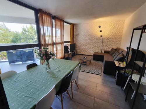 - un salon avec une table verte et un canapé dans l'établissement Apt 9 personnes garage, Wi-Fi, tram, parking, climatisation, jeux, à Avignon