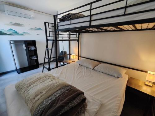 une chambre avec un lit et un lit superposé dans l'établissement Apt 9 personnes garage, Wi-Fi, tram, parking, climatisation, jeux, à Avignon