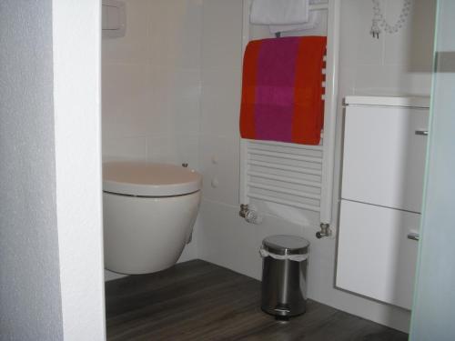 a small bathroom with a toilet and a refrigerator at Gästehaus Cramer in Bad Kissingen