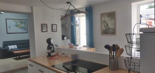 une cuisine avec un évier et un plan de travail dans l'établissement Appartement duplex sur terrasse - 62m2, à Batz-sur-Mer