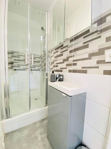 une salle de bain avec un lavabo et une douche dans l'établissement Appartement Cosy avec jardin chaleureux, à Laon