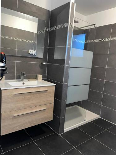 une salle de bain avec un lavabo et une douche dans l'établissement 9D - appartement Bonifacio Corse, à Bonifacio