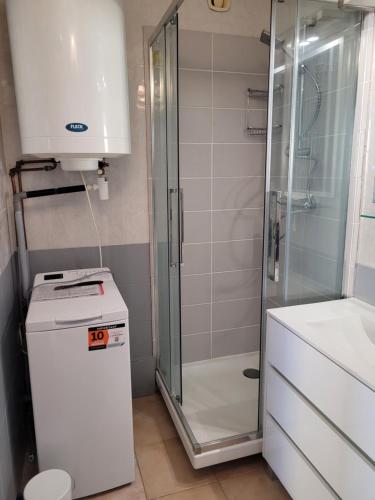 La petite salle de bains est pourvue d'une douche et d'un réfrigérateur blanc. dans l'établissement Plage à pied, au Barcarès