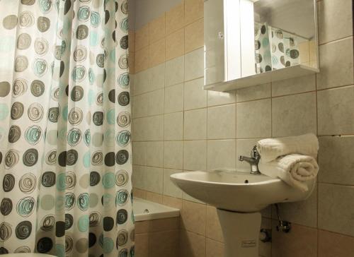 Un baño con lavabo y cortina de ducha. en Condesa Apartments, en Sidari