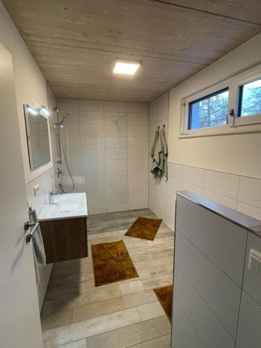 a bathroom with a sink and a mirror at Hegau Apartment in Tengen