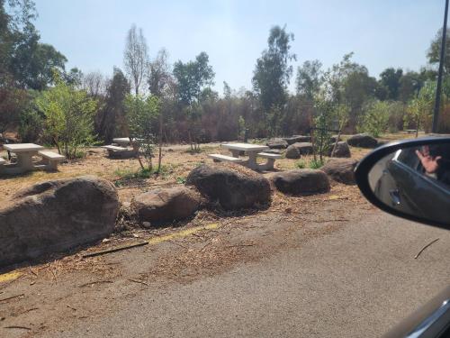 a person taking a picture of a park with rocks at צימר בגליל in Qiryat Shemona
