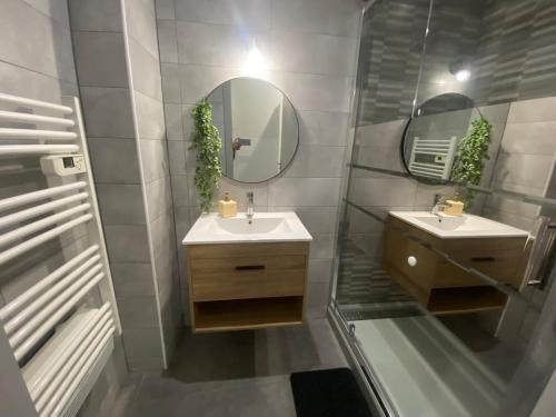 a bathroom with two sinks and a shower and a mirror at Place du bonheur bel appartement f2 in Sarrebourg