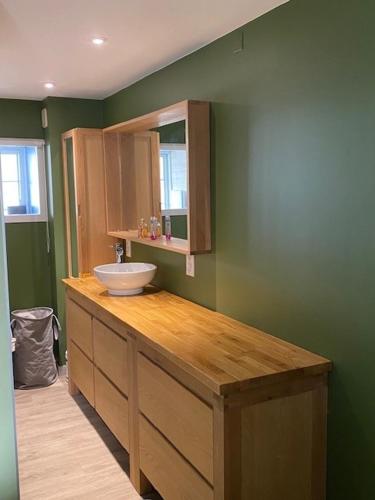 La salle de bains est pourvue d'un comptoir avec lavabo et de murs verts. dans l'établissement Grand appartement 4 étoiles vue mer et 2 terrasses, à Talmont-Saint-Hilaire