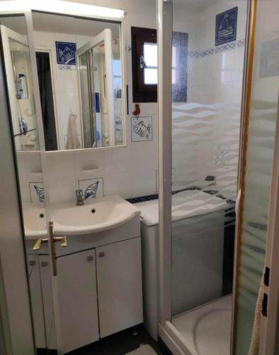 une petite salle de bain avec un lavabo et une douche dans l'établissement 001 Ipanema le capi'nède, au Cap d'Agde