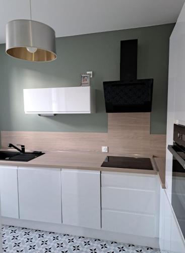 une cuisine avec des armoires blanches et une cuisinière dans l'établissement Art Nouveau & Nancy Thermal - Appartement F2 paisible de qualité, à Nancy