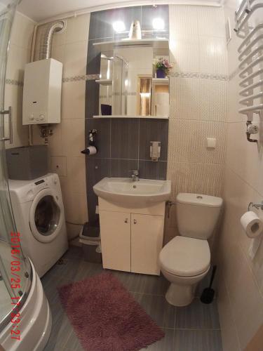 a bathroom with a toilet sink and a washing machine at Apartament Masovia in Mrągowo