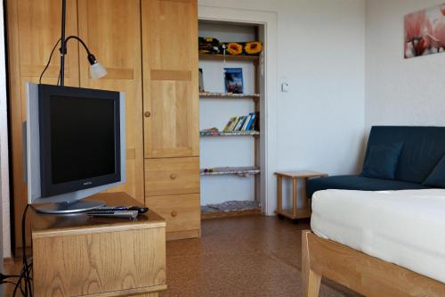 a living room with a television on a wooden stand at Gasthaus Adler in Nordschwaben