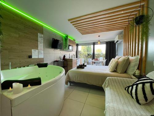 une chambre avec un lit et une baignoire dans une pièce dans l'établissement Studio Cosy SPA Balneo et terrasse, au Cap d'Agde