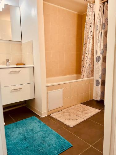 une salle de bain avec une baignoire, un lavabo et une douche dans l'établissement Apt T3 avec terrasse, sous les pins, au bord du lac et à 5 min de l'océan, à Carcans