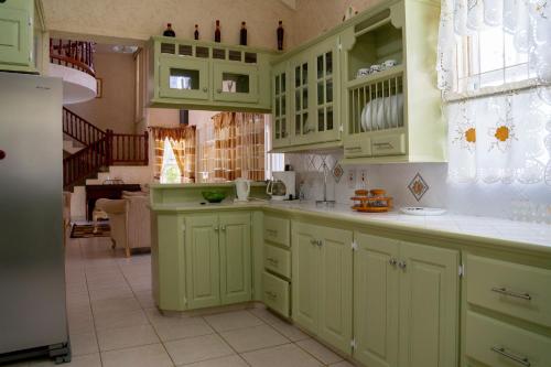 a green kitchen with green cabinets at Marzalea 5 Bd Villa by ZenBreak in Saint James