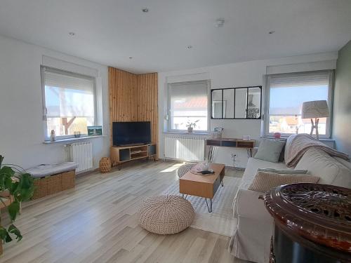 un salon avec un canapé et une télévision dans l'établissement le refuge du bonheur, à Bitche