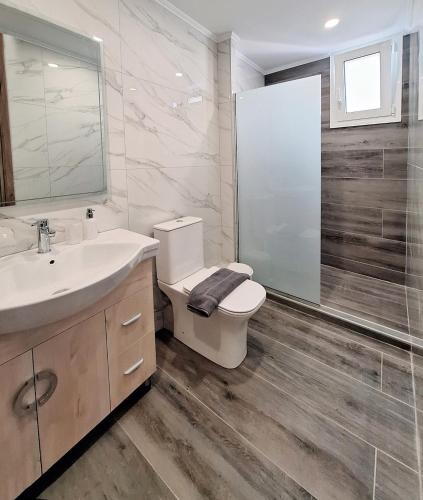 a bathroom with a toilet and a sink and a shower at Coastal Ierapetra 2 in Ierapetra