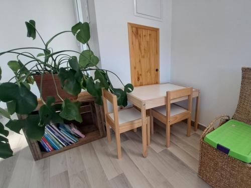 une table, une chaise et une plante en pot dans une pièce dans l'établissement le refuge du bonheur, à Bitche
