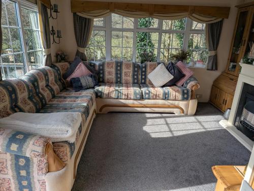 a living room with couches and a fireplace at Otter view in Garthbeibio