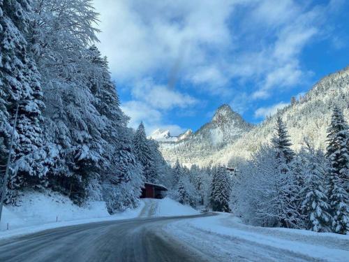 a road covered in snow with trees and mountains at Studio for 2 people with parking in Vionnaz