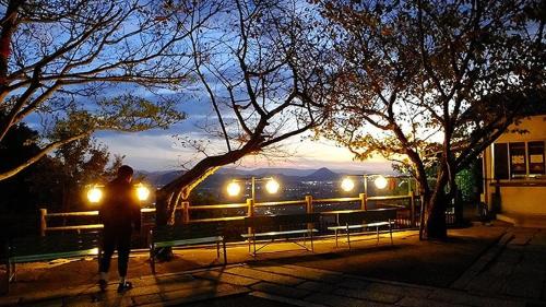 a man standing on a park bench at night at Villa Hachiman-bori ヴィラ八幡堀 in Omihachiman