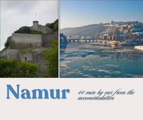 two pictures of a river and a bridge at Wali's Nature Bliss Dinant Givet in Waulsort