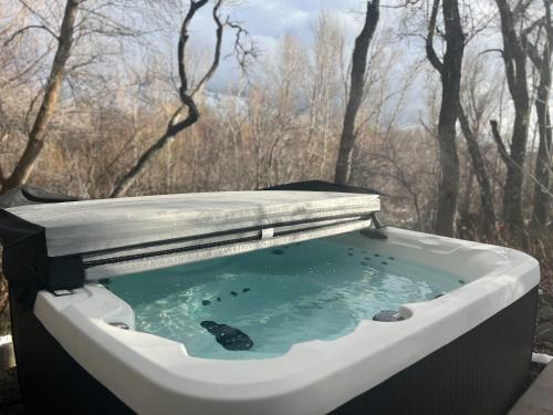 a bath tub filled with water with trees in the background at Upper Mountain Haus Studio Close to Slopes Mtns in Ogden