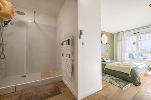 - une chambre avec une douche, un lit et une baignoire dans l'établissement River'View, à Montpellier