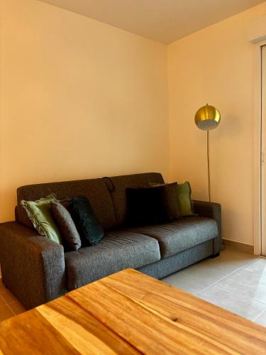 un salon avec un canapé et une lampe dans l'établissement Appartement AMBRE T2 a 100 Métres de la Mer, à Saint-Florent