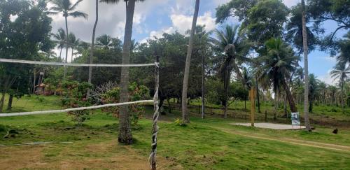 a volleyball net in a park with palm trees at FAZENDA BOSQUE DAs PALMEIRAS in Itamaracá