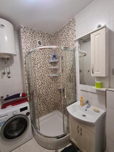 a bathroom with a shower and a toilet and a sink at Apartman Natalia in Podgorica