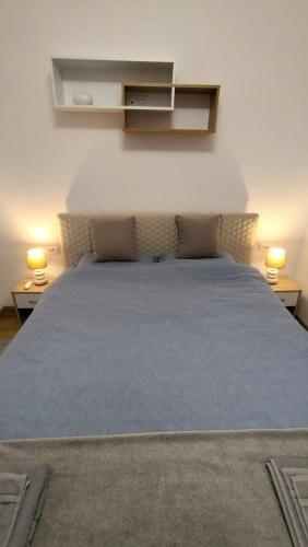 a bedroom with a large bed with two lamps at DB Guest House in Tîrgu Secuiesc