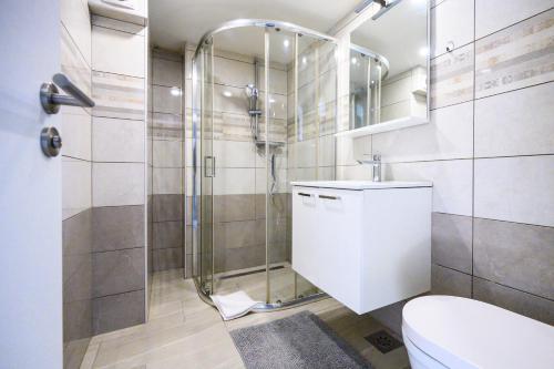 un baño con ducha y WC en The Wonderful Loft, en Liubliana