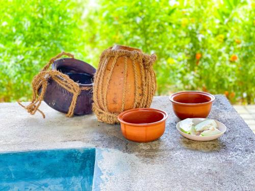 a group of bowls and cups on a table at Amandawa Eco in Gampaha