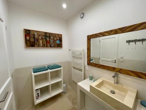 une salle de bain avec un lavabo et un miroir dans l'établissement Apartment, jacuzzi,, à Barjac