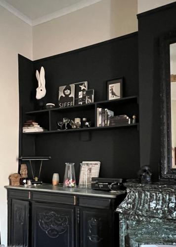 une chambre noire avec un mur noir et des étagères dans l'établissement Maison BIS, à Roujan