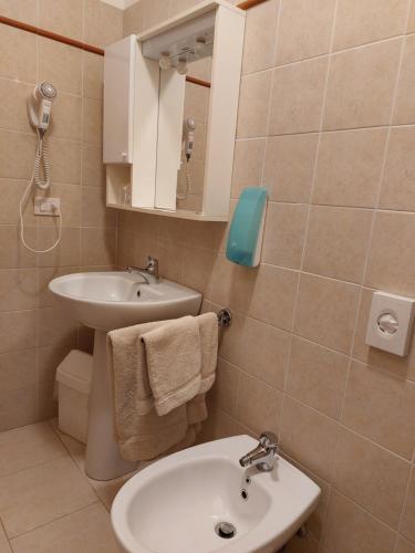 a bathroom with a sink and a toilet and a mirror at Agriturismo La Selva in Aulla