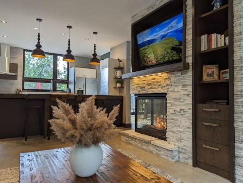 un soggiorno con camino e TV di Chalet Hill Top Inn a Messines