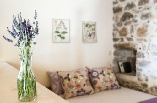 a vase of flowers sitting on a table with a couch at Agrotourism Traditional Houses in Apóstoloi