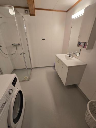 a bathroom with a washing machine and a sink at Hagestova in Volda